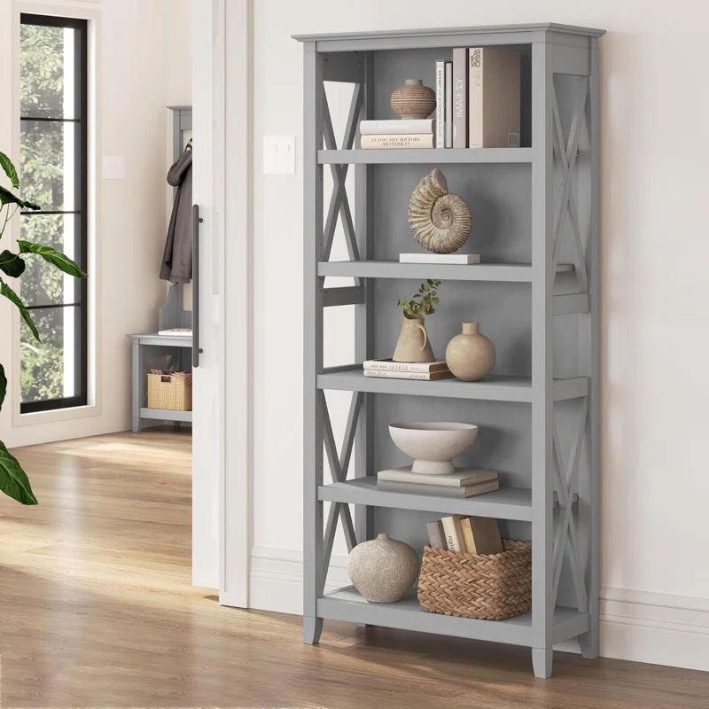 Casual Farmhouse Dark Gray Hickory Adjustable 5-Shelf Bookcase