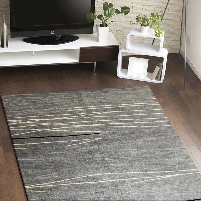 Handmade Rectangular Gray Wool and Viscose Tufted Rug