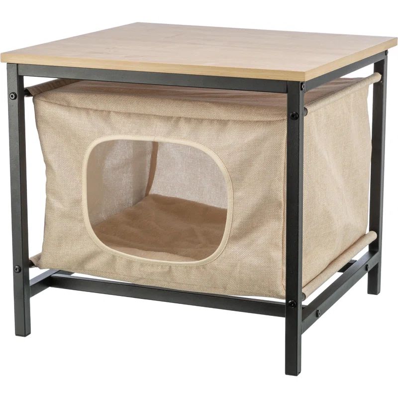 Beige Metal and Fabric Cat Condo Side Table