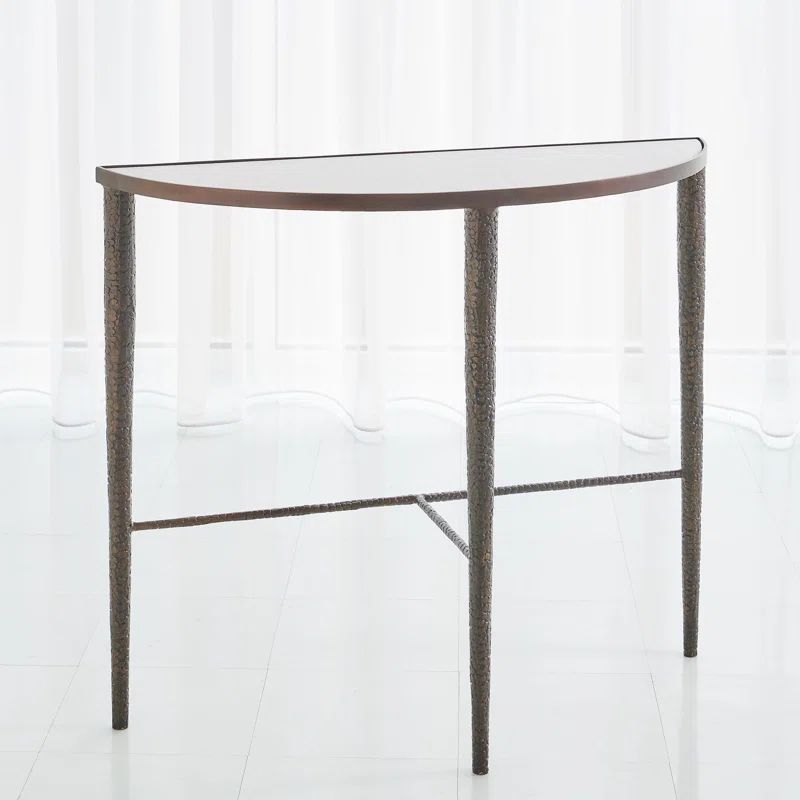 Elegant Demilune Hammered Bronze Console with White Marble Top