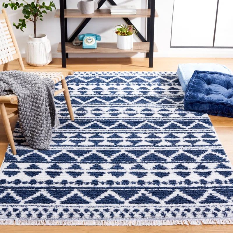 Navy and Ivory Geometric Flat Woven Square Rug
