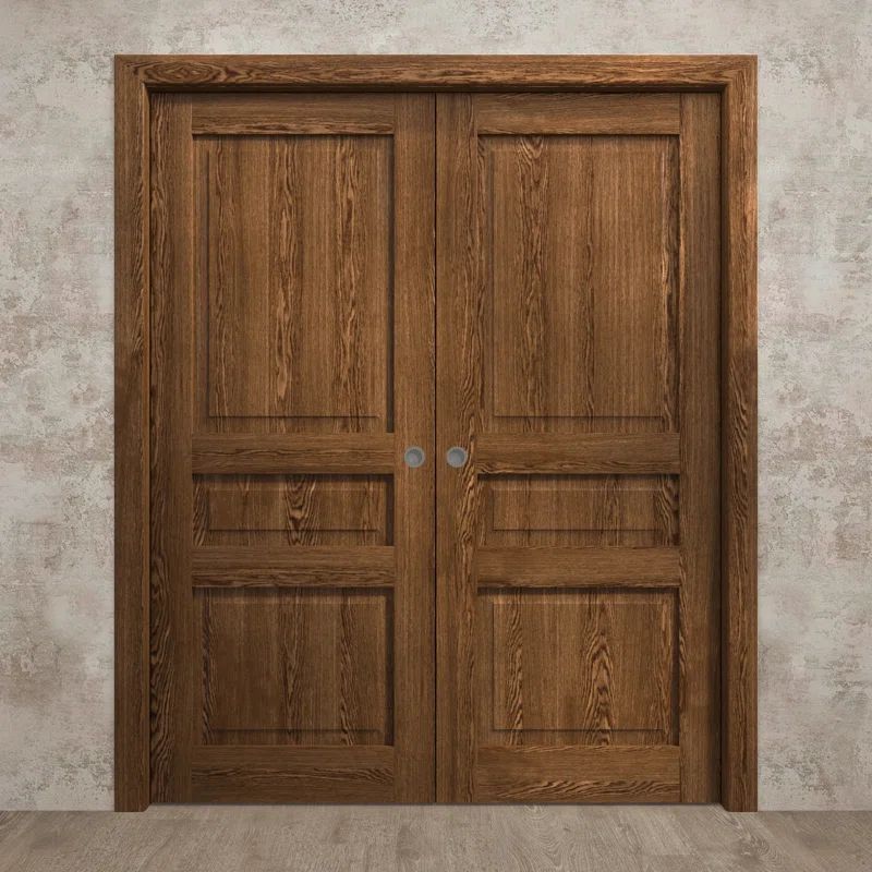 Cognac Oak 84 x 80 Paneled Solid Wood Double Pocket Doors
