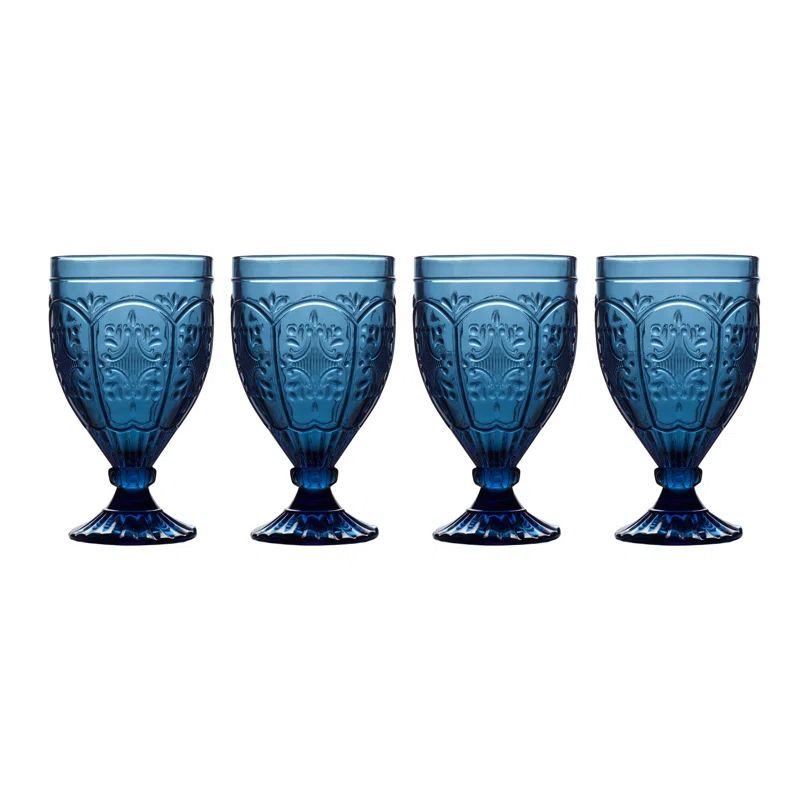Royal Blue Embossed Glass Goblet Set of Four