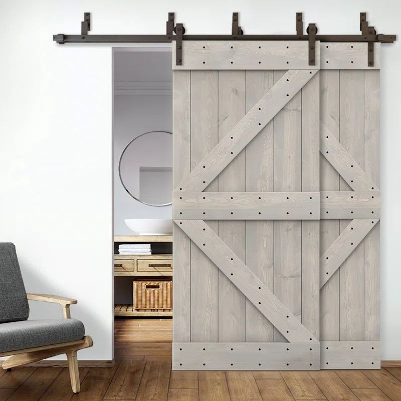 Silver Gray Knotty Pine Double Bypass Barn Door with Oil-Rubbed Bronze Hardware