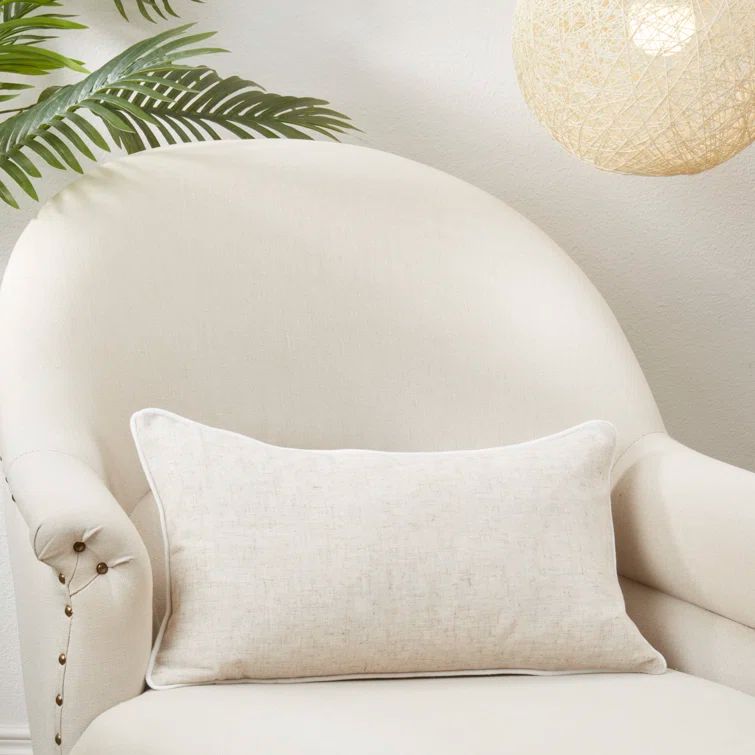 Beige Linen and Polyester Rectangular Throw Pillow with Duck Feather Fill