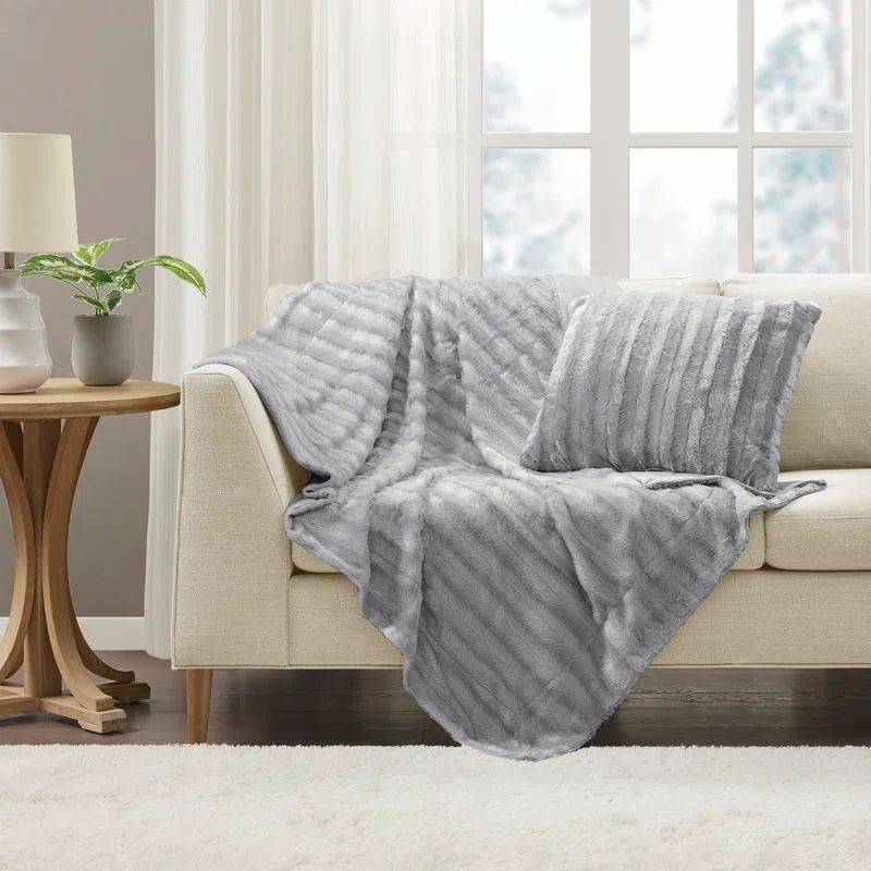 Duke Long Luxurious Faux Fur Reversible Throw Blanket, Gray