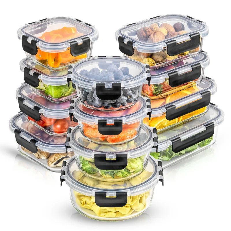 JoyFul 24-Piece Clear and Black Glass Meal Prep Containers Set