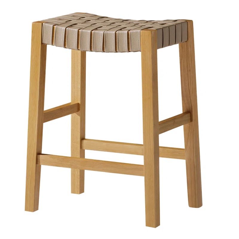 Weathered Natural Wood Backless Saddle Counter Stool with Vegan Leather Seat