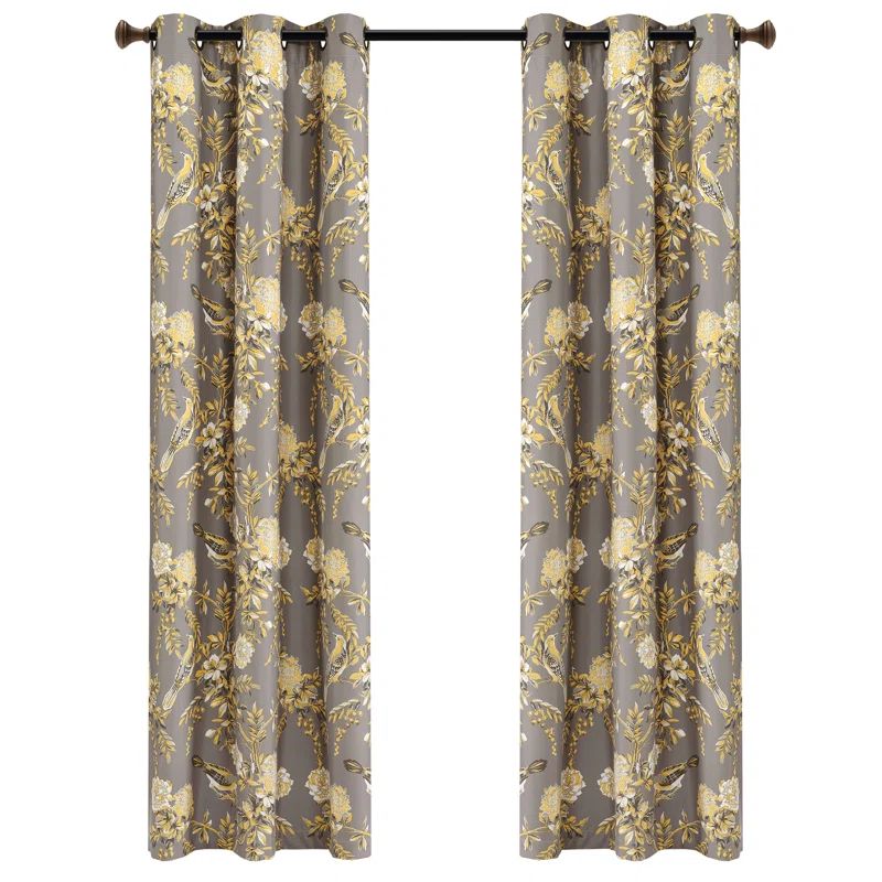 Gray and Yellow Floral Blackout Grommet Curtain Panels for Kids