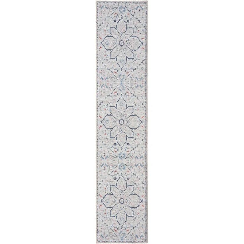 Ivory Blue Floral Cotton Synthetic Runner Rug 2'2" x 10'