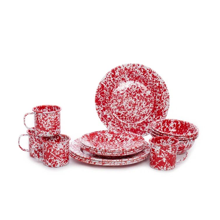 Red and White Splatter Porcelain Outdoor Dinnerware Set for 4