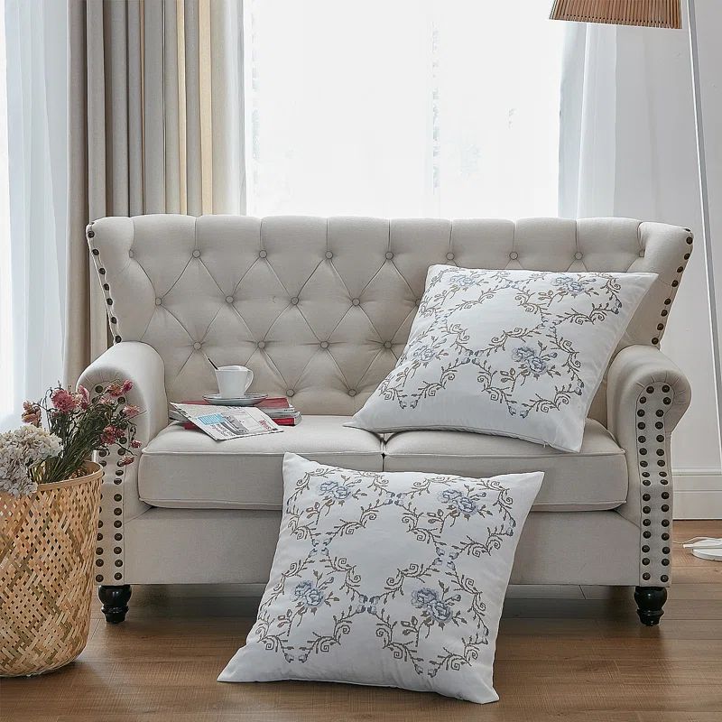 Gray Blue Embroidered Polyester Euro Pillow Covers Set