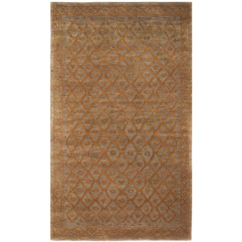 Hand-Knotted Green Wool and Silk Geometric Rug, 5' x 7'