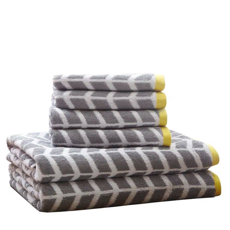 Gray and Yellow Cotton Jacquard 6-Piece Towel Set