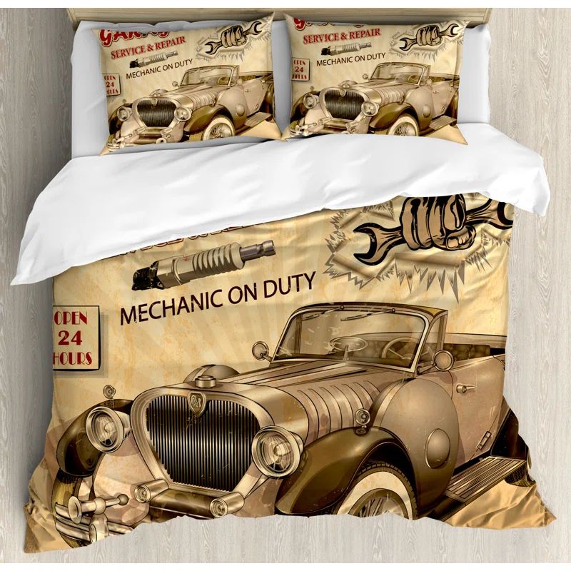 King Sepia Red Vintage Car Duvet Cover Set