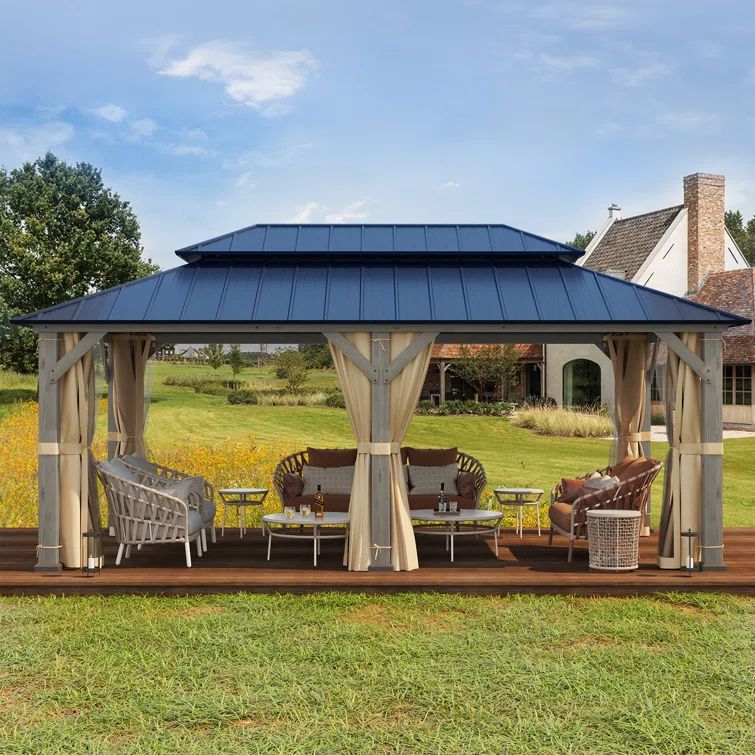 Cedar and Metal Hardtop Outdoor Gazebo with Curtains, 12' x 20'