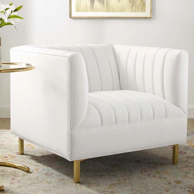 White Velvet Channel Tufted Barrel Accent Chair