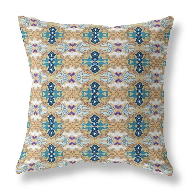 Beige and Blue Floral Faux Suede 16" Square Pillow