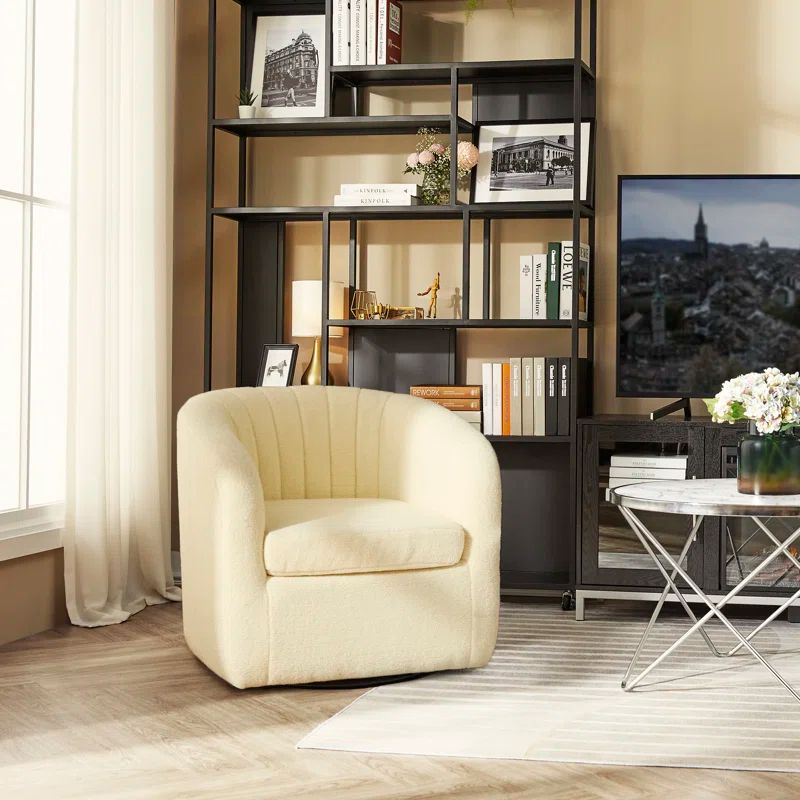 30.5'' Ivory Swivel Barrel Accent Chair with Wood Base