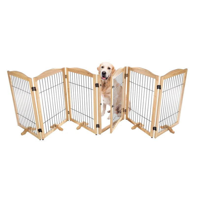 Natural Wood and Metal Freestanding Pet Gate, 132.5x31.5-Inch