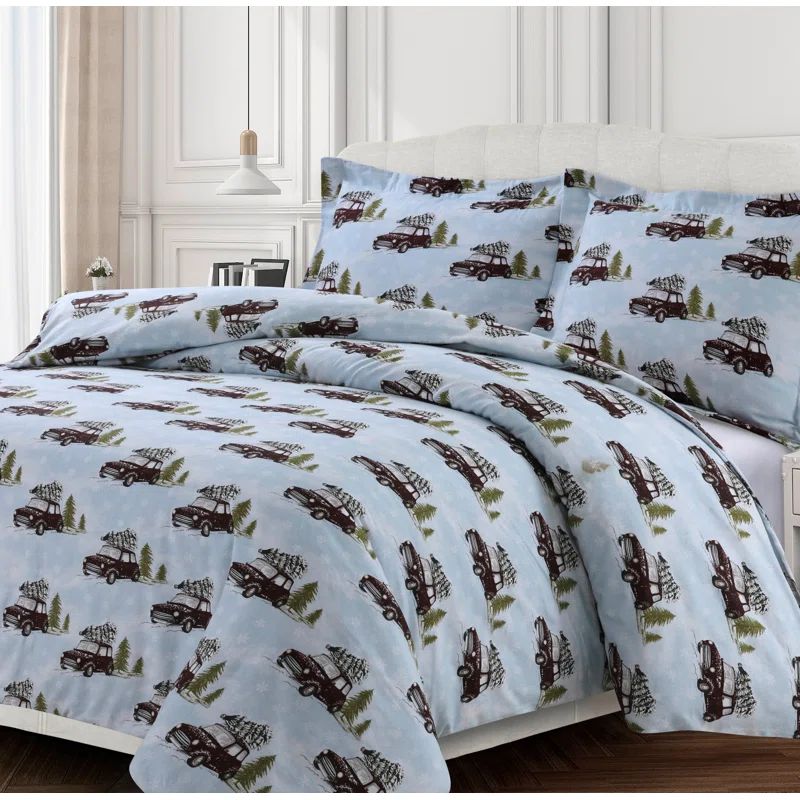 Blue Cotton Winter Holiday Queen Duvet Cover Set