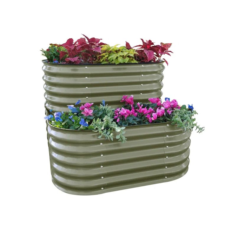 Olive Green Tiered Metal Raised Garden Bed for Outdoor Spaces