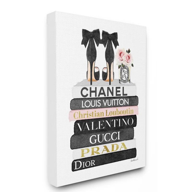 Fashion Designer Flower Shoes Bookstack Canvas Wall Art, 16 x 20