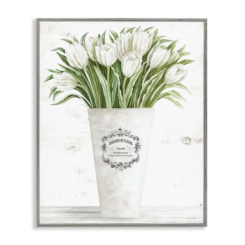 White Tulip Bouquet in Gray Farmhouse Frame Canvas Print