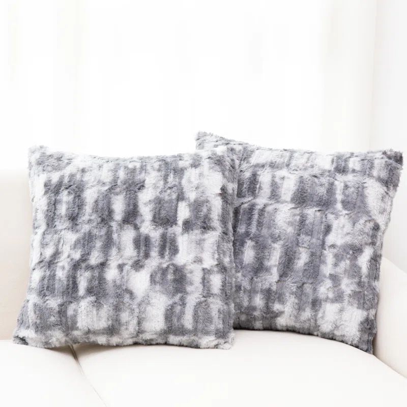 Marble Gray Faux Fur Square Throw Pillow Set