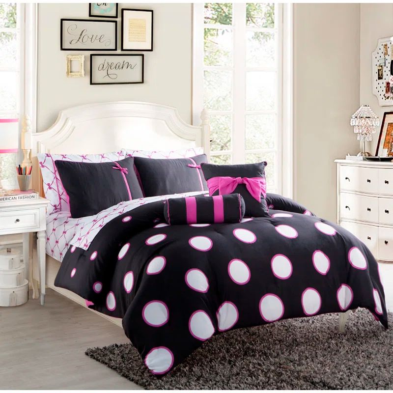 Full Black and Pink Microfiber Polka Dot Bed in a Bag Set