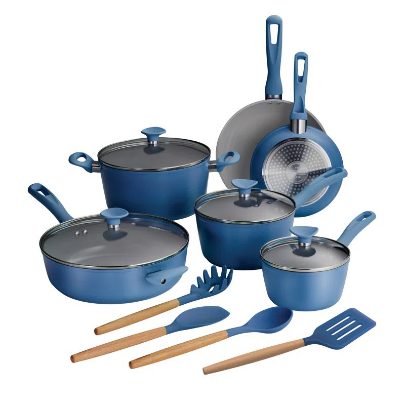 14-Piece Blue Aluminum Ceramic Nonstick Cookware Set with Utensils