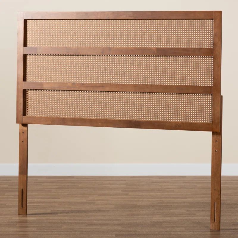 Walnut Wood and Rattan Queen Size Headboard with Woven Design