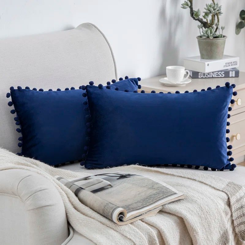 Turquoise Velvet Pom Pom Decorative Throw Pillow Set, 12" x 20"