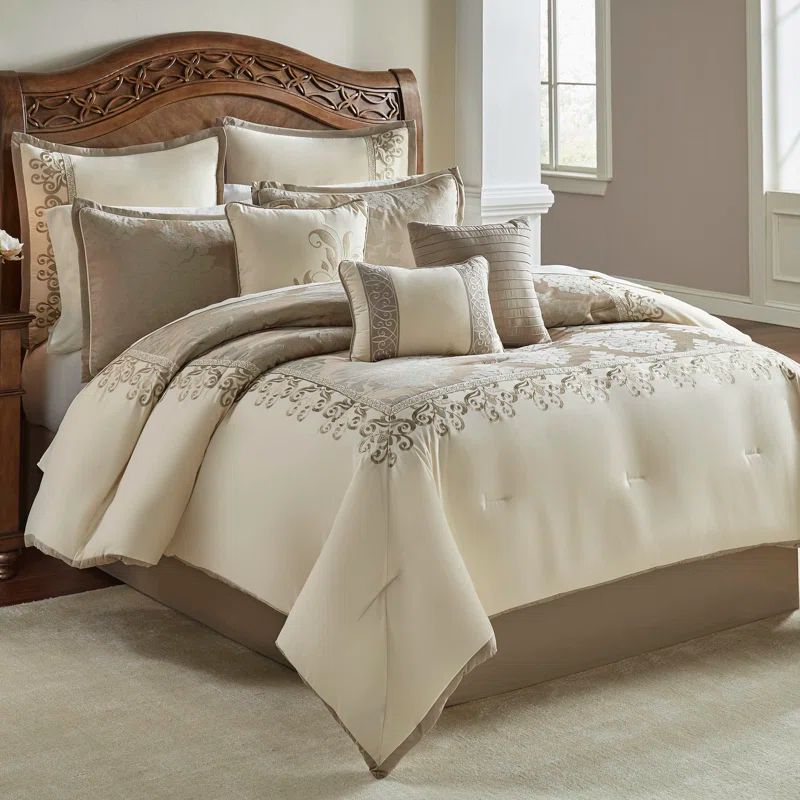 Hillcrest Ivory and Gold Queen Comforter Set with Embroidered Details