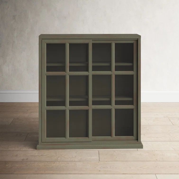 Transitional Gray Elm Wood 3-Tier Bookcase with Glass Doors