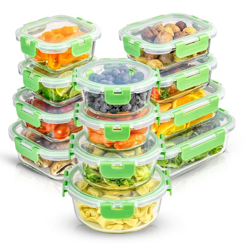 JoyFul 24-Piece Bright Green Glass Storage Containers with Leakproof Lids