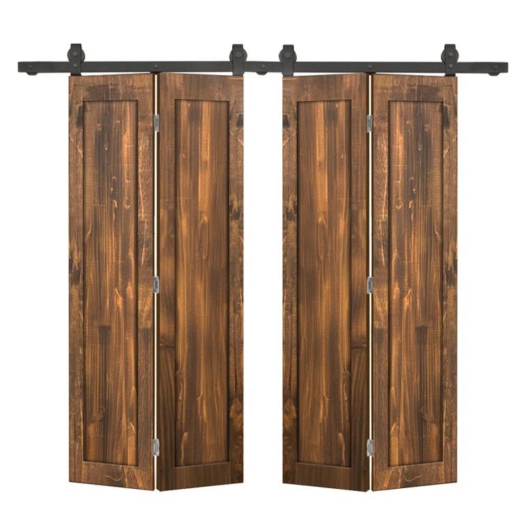 Walnut Stained Pine Wood Double Bi-Fold Barn Door with Black Hardware