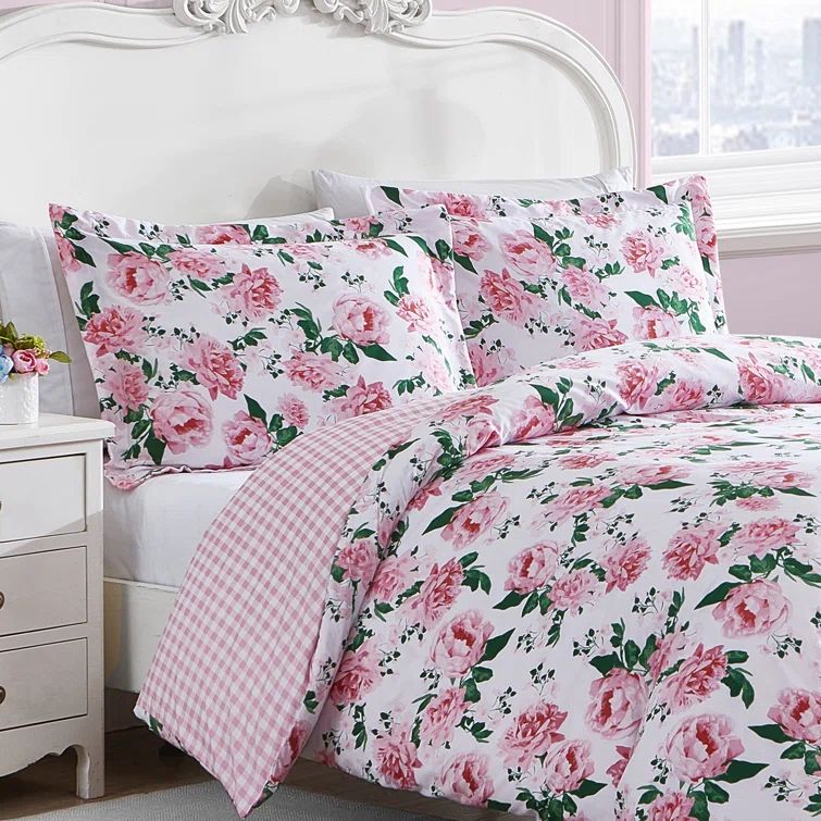 King Pink Floral Cotton Duvet Cover Set with Shams