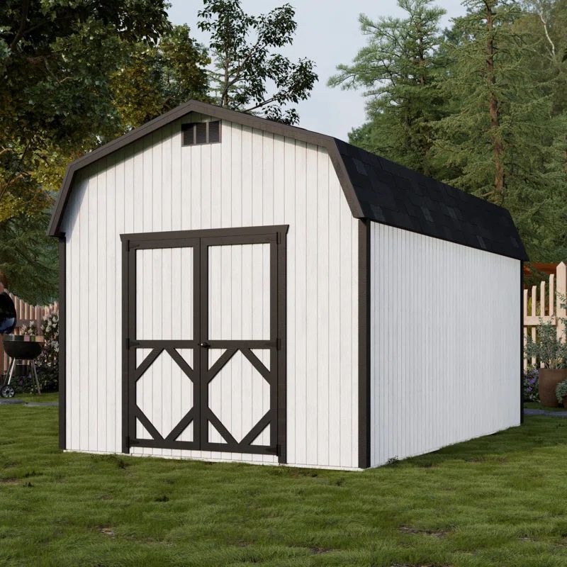 Classic Gray and White 10' x 16' Gambrel Roof Outdoor Wood Storage Barn Kit