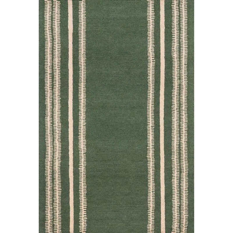 Handmade Green and Beige Wool Striped Rectangular Rug