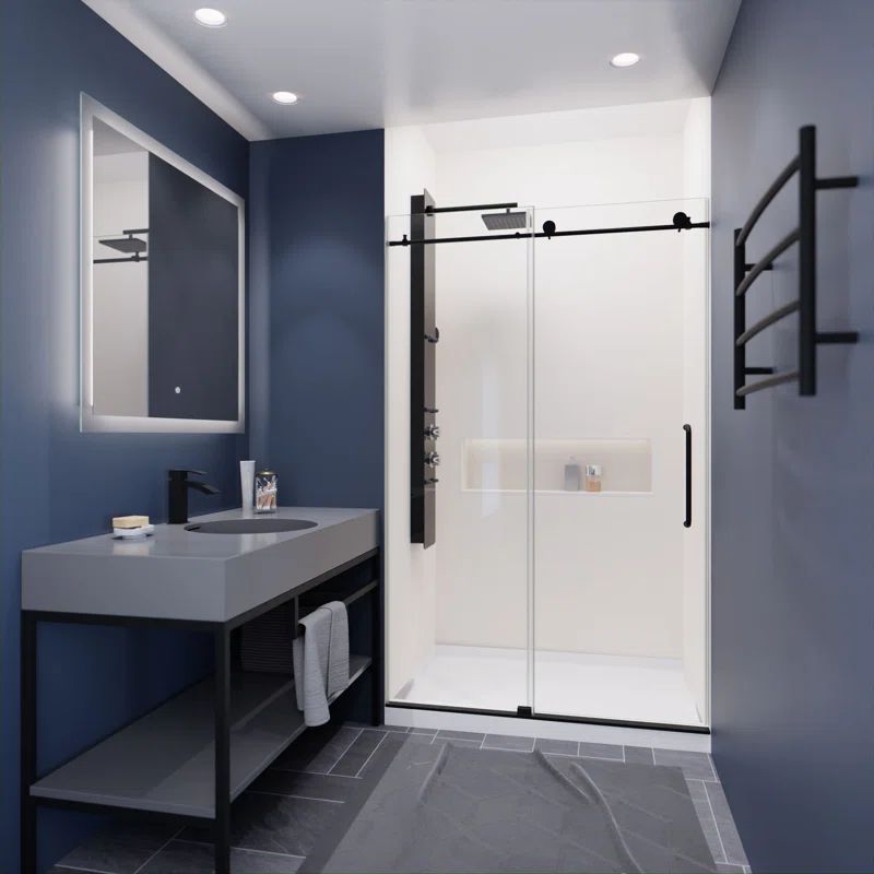 Matte Black Frameless Sliding Shower Door with Clear Glass Panels