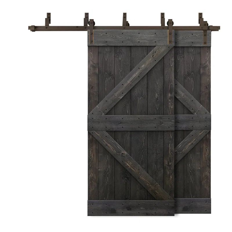 Charcoal Black Knotty Pine Double Bypass Barn Door with Oil-Rubbed Bronze Hardware