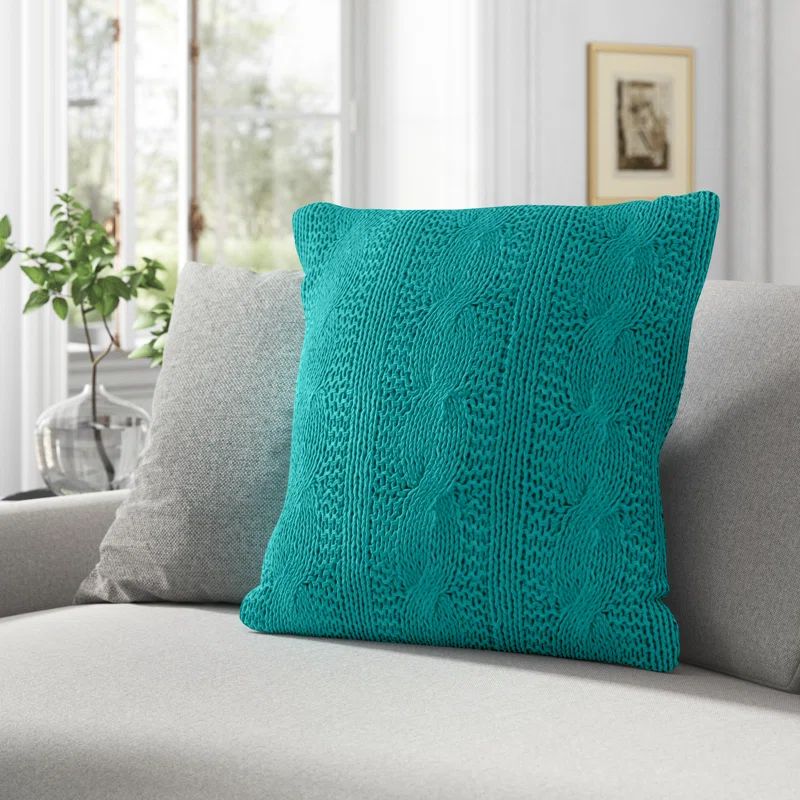 Turquoise Cable Knit Cotton Square Throw Pillow