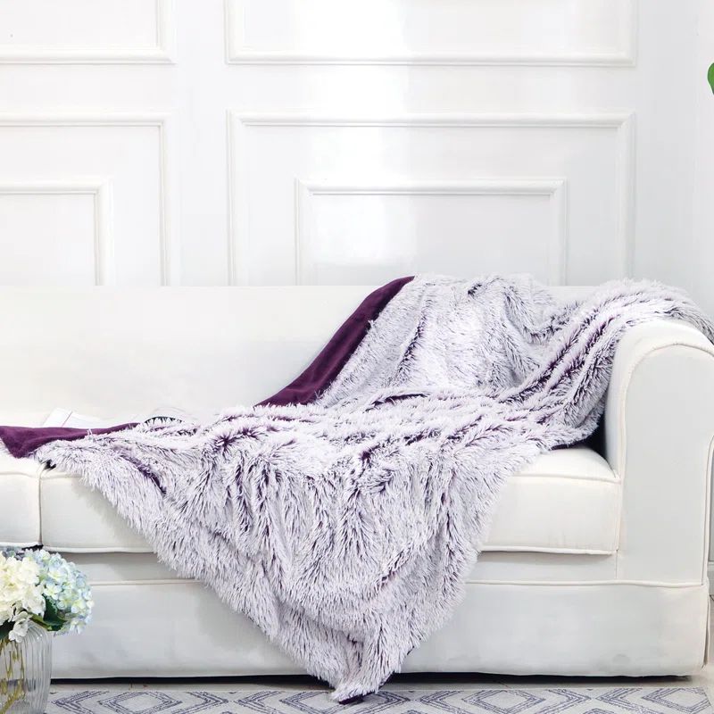 Luxurious Purple Ombre Reversible Faux Fur and Fleece Throw Blanket