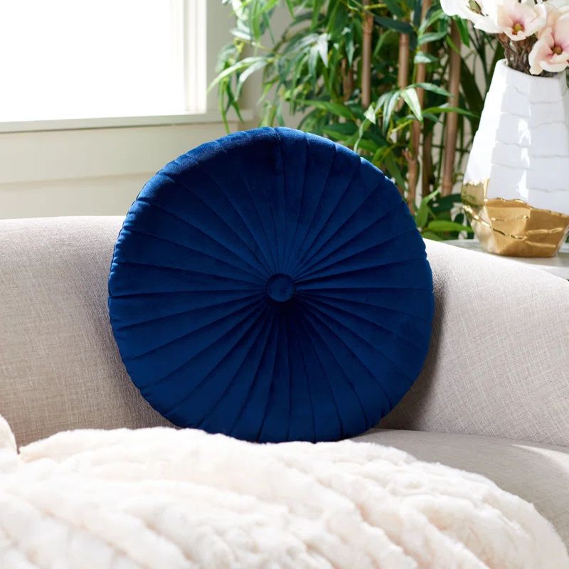 Navy Blue Round Tufted Accent Pillow with Polyfill