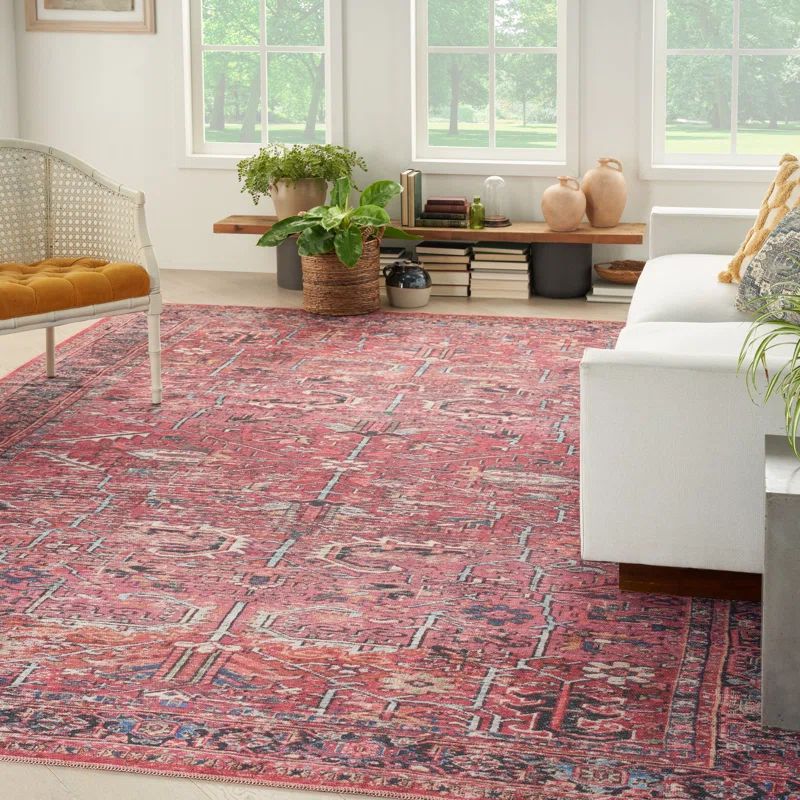 Vintage-Inspired Brick Red Persian Floral 9' x 12' Washable Rug