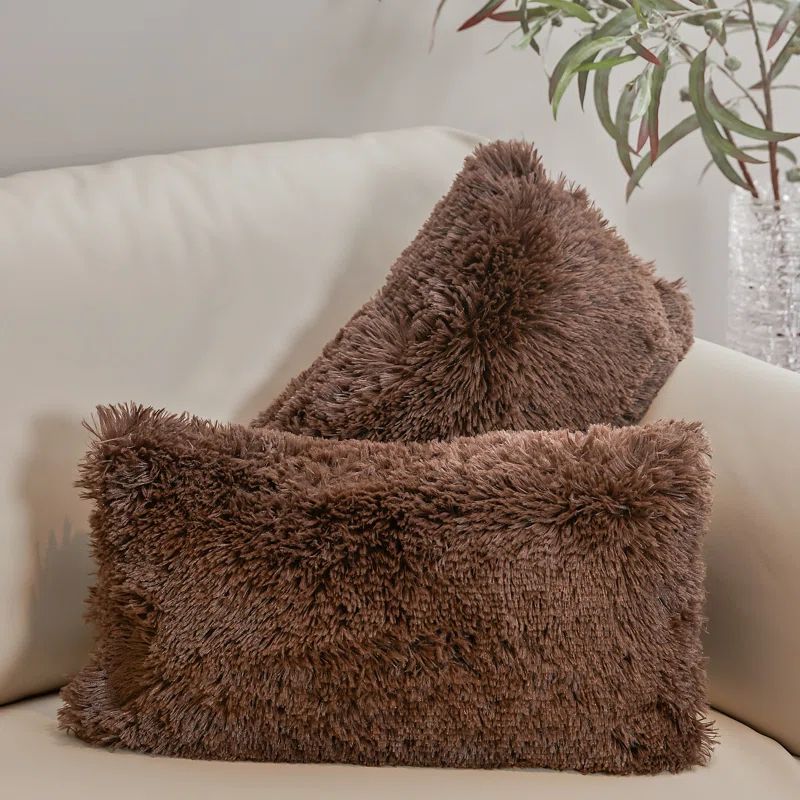 Chocolate Faux Fur Shaggy Lumbar Throw Pillows Set of 2