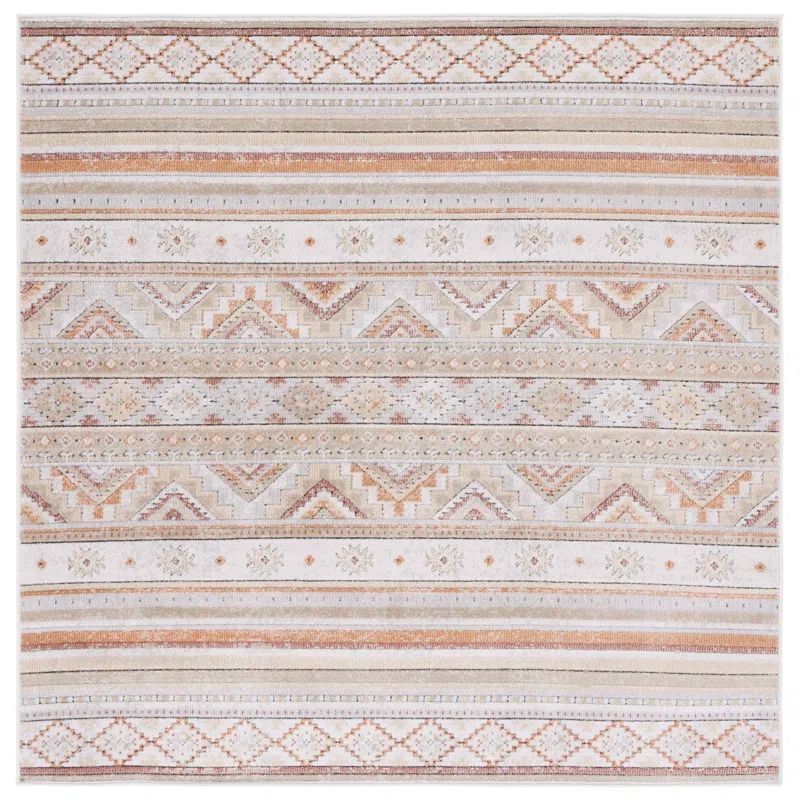 Ivory Beige Geometric Synthetic Square Area Rug