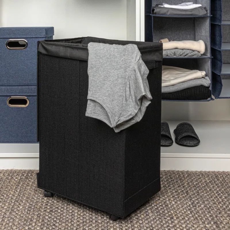 Black Collapsible Polylinen Laundry Hamper with Wheels and Lid
