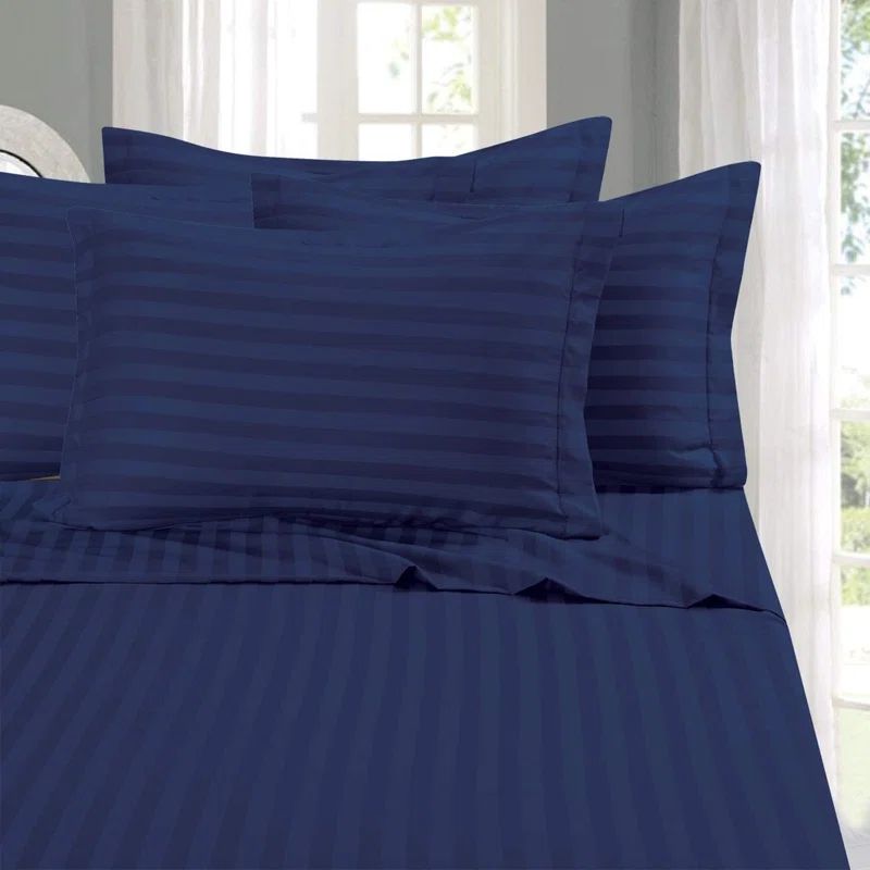 King Navy Blue Egyptian Cotton Damask Stripe Bed Sheet Set